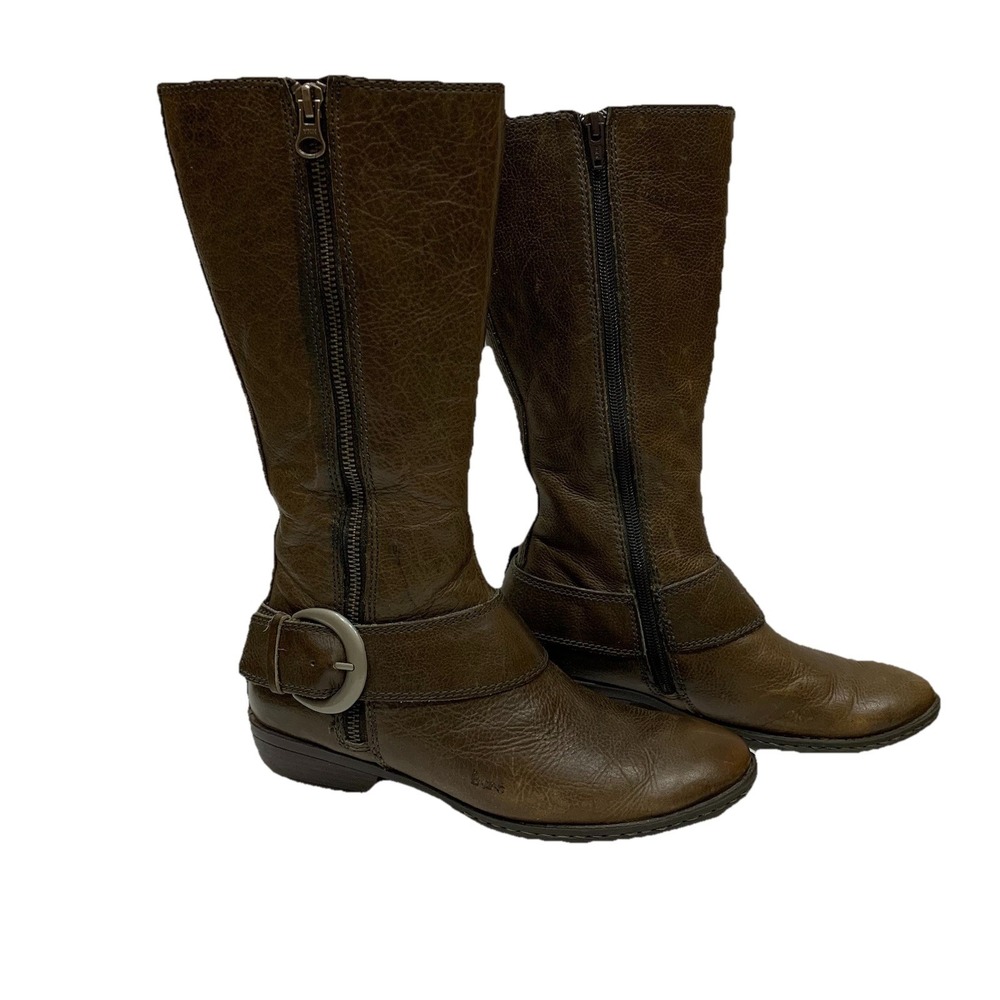 BOC Born Concept Shade Of Brown Leather Tall Zip Up BootsBC7810 With Buckle SZ-6